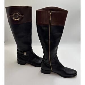 Michael Kors · 7M · Tall Riding Boots · Genuine Leather · Black/Brown · Gold MK
